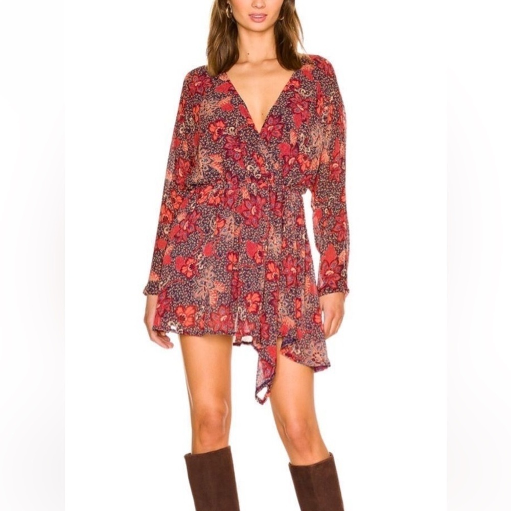 Free People Teegan Mini Dress in‎ Peach Combo M red blue orange boho